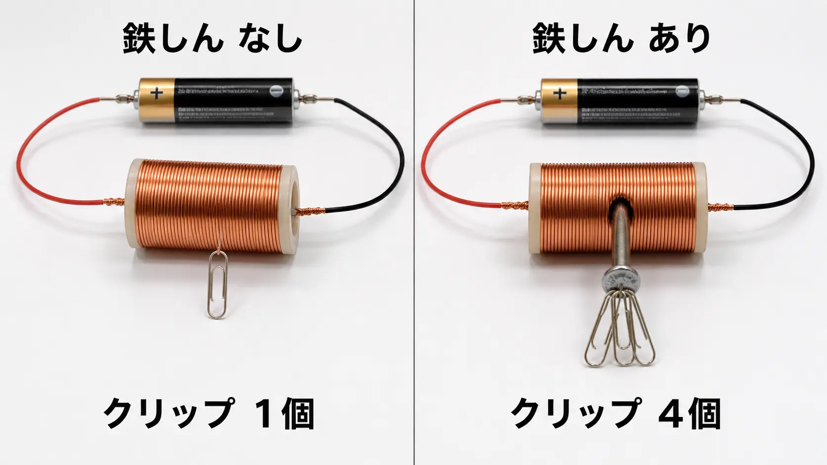 実写：鉄しんなしのコイルはクリップ1個、鉄しんありのコイルはクリップ4個を引きつけるようす