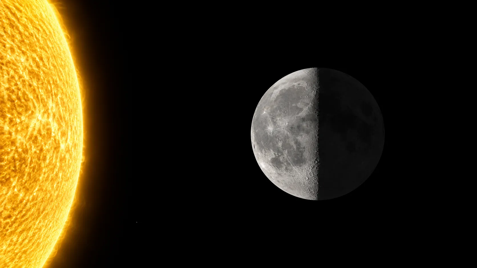 左の太陽の光を受けた月の実写風の図。月は太陽に向いた左半分だけが明るく、右半分は暗いが、丸い形はそのまま残っている